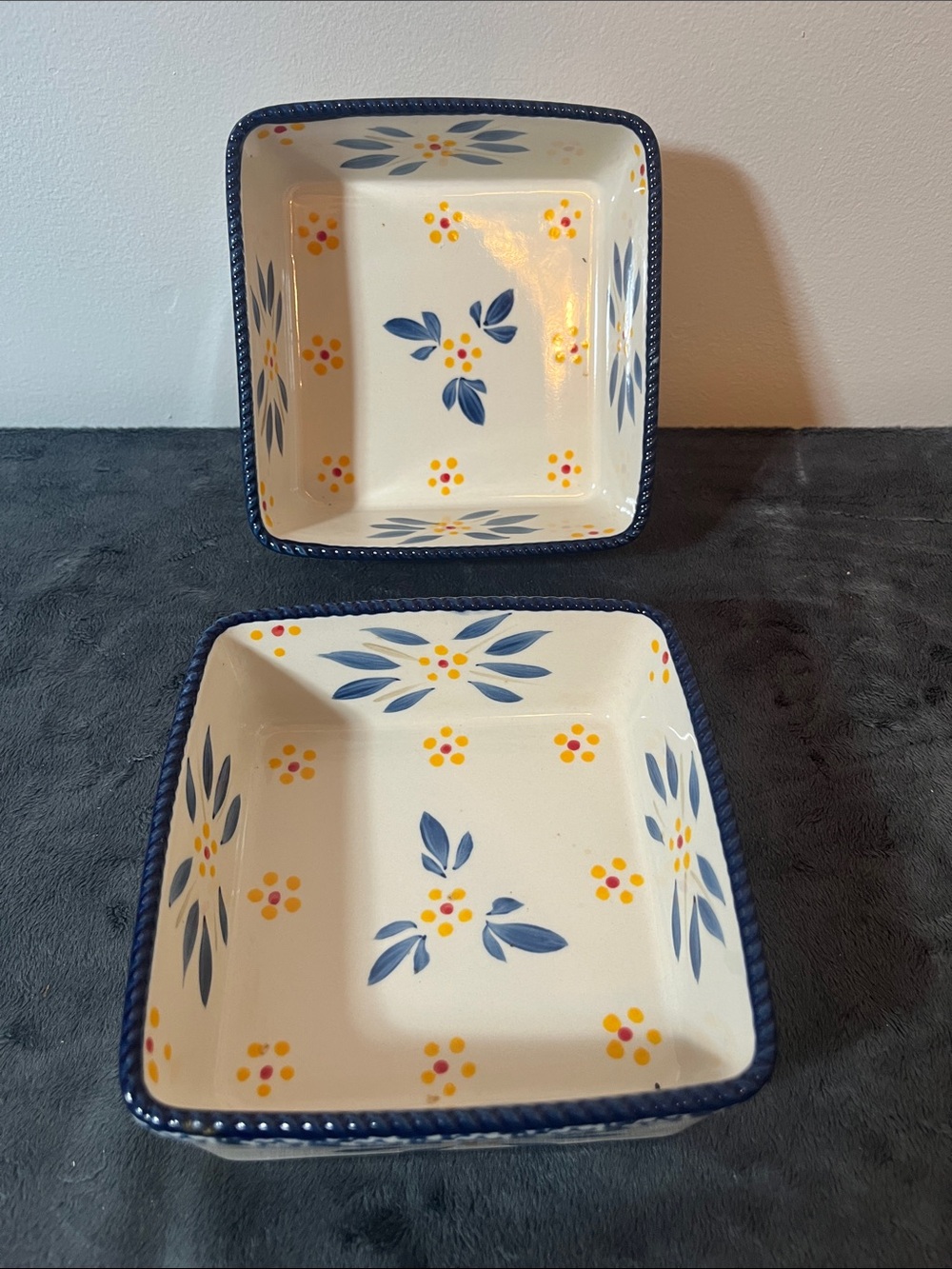 Temptations Temp-Tations Old World  Blue  Yellow Square Ceramic Serving Bowls 2